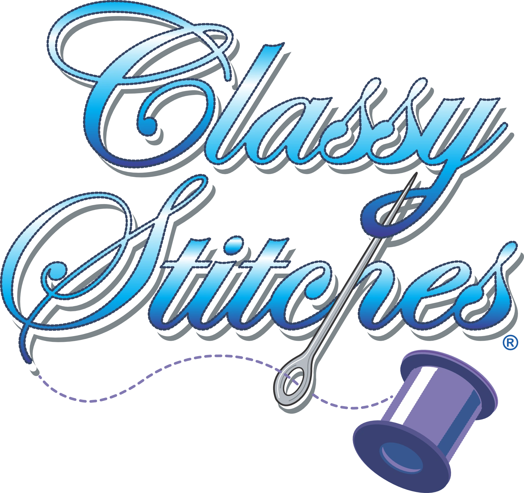 A blue and white logo for classy stitches.