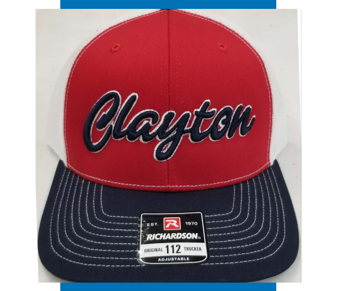 A red and black hat with the word clayton on it.