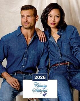 Couple in matching denim outfits posing